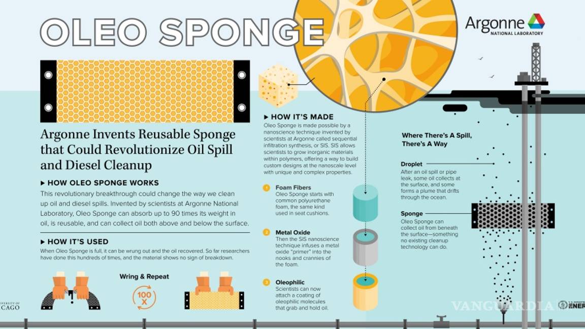 $!La óleo-esponja absorbe 90 veces su propio peso y extrae distintos tipos de petróleo