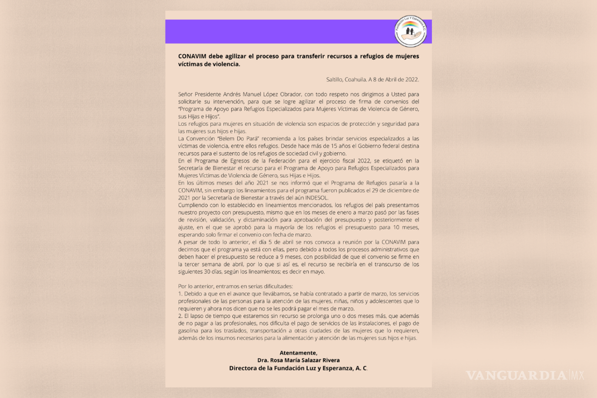 Fundación Luz y Esperanza lanza desesperada carta para AMLO por recursos que no llegan a su refugio
