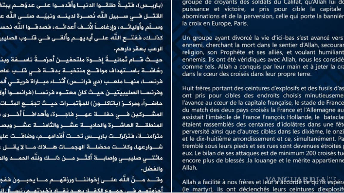 El comunicado con el que ISIS se adjudica los atentados en París