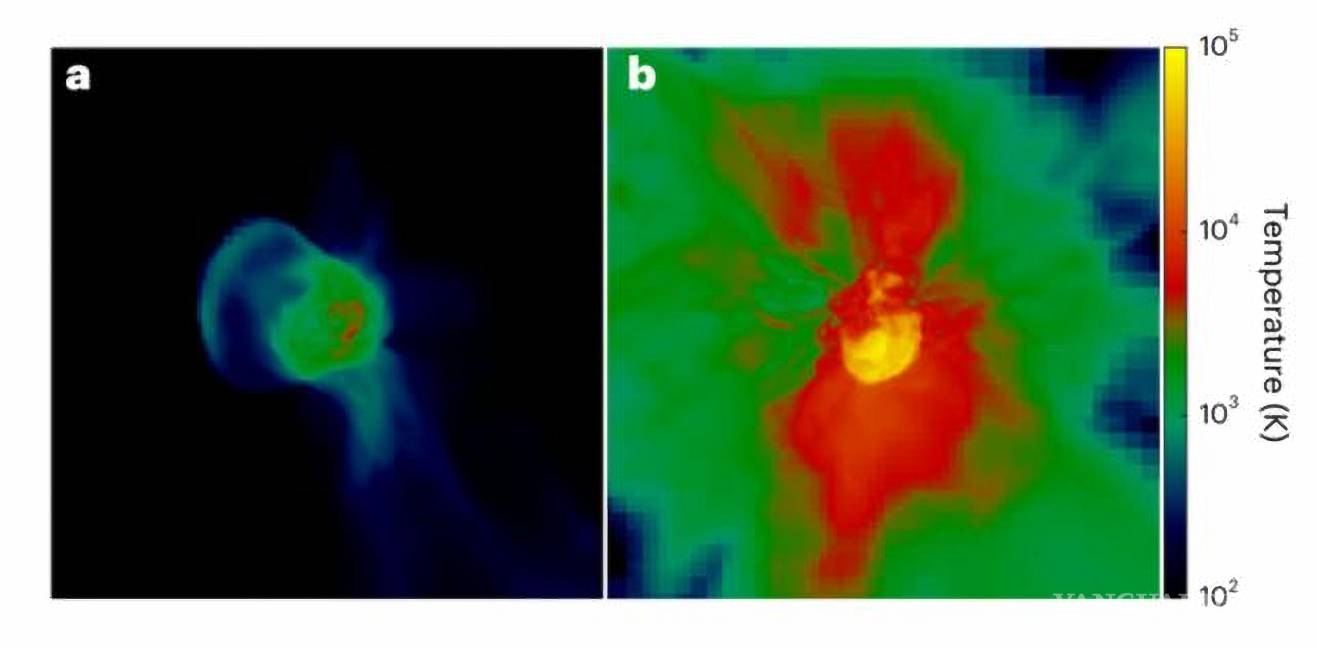 $!Explosiones de supernovas primordiales, que muestran el gas de fondo en tonos azules y negros y el material expulsado en tonos amarillos y rojos para las estrellas en explosión simuladas más pequeñas (a) y más grandes (b).