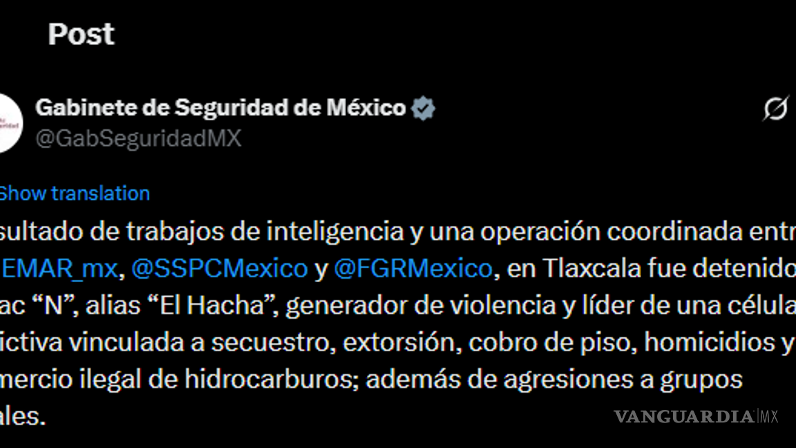 $!Marina detiene a ‘El Hacha’, presunto líder de una célula del CJNG, en Tlaxcala