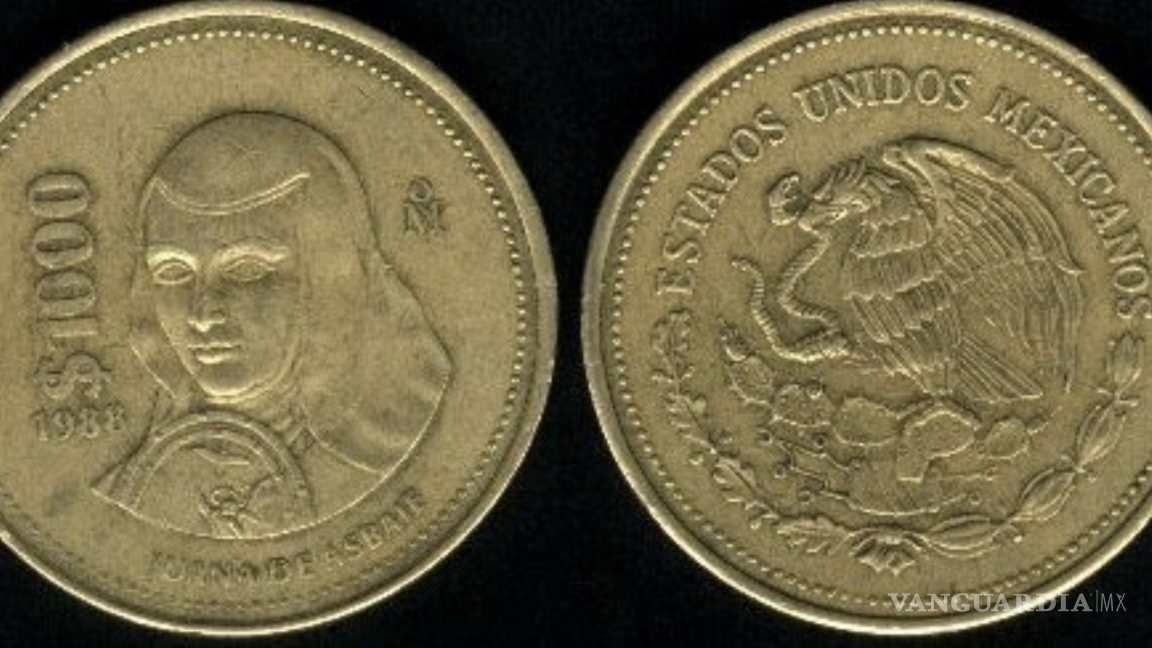$!Moneda de $1000 pesos con la imagen de Sor Juana Inés de la Cruz, acuñada en 1988.
