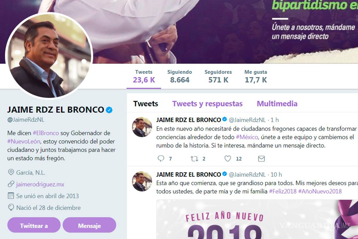 &quot;El Bronco&quot; lanza sus primeros tuits del año; aún aparece en redes como Gobernador