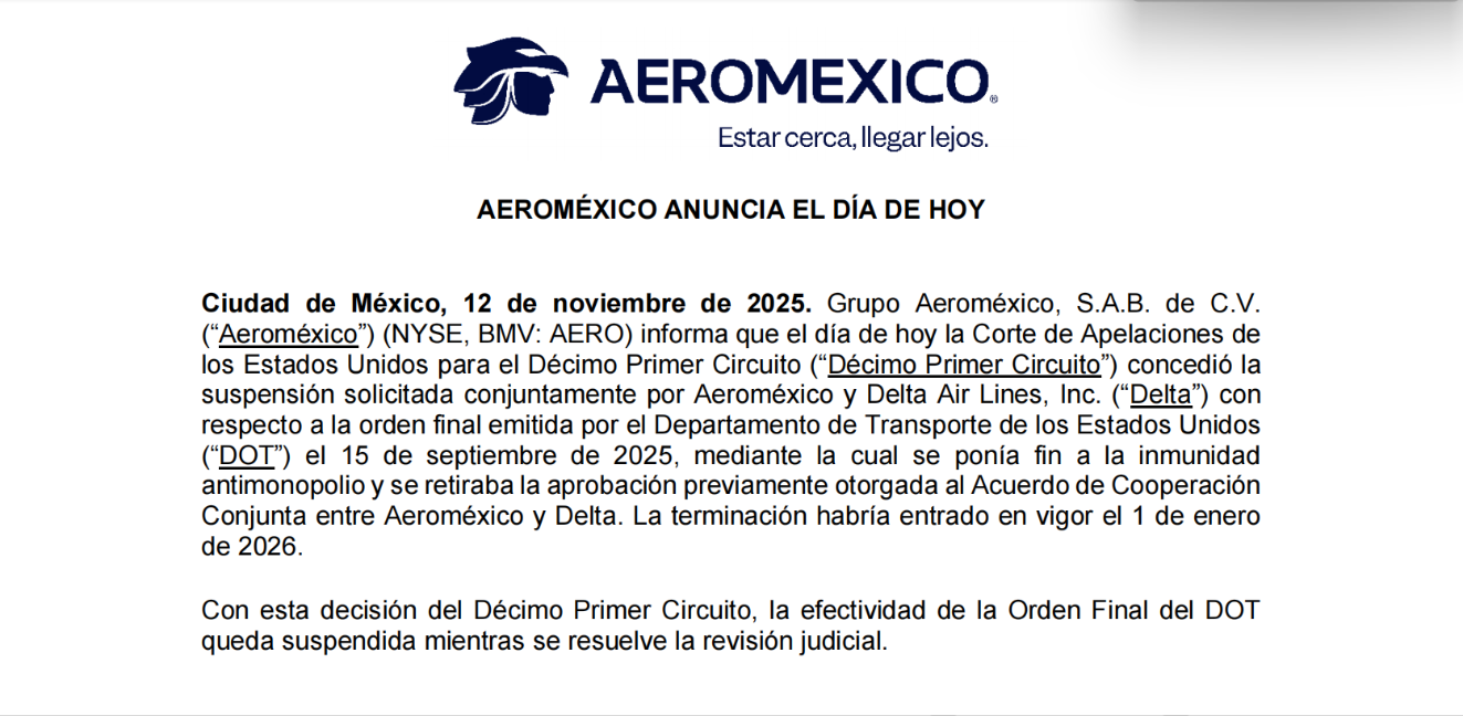 $!Delta Air Lines y Aeroméxico conservarán su acuerdo de colaboración luego de que un panel judicial estadounidense detuvo de forma temporal la orden que buscaba cancelar su alianza aérea, vigente desde 2016.