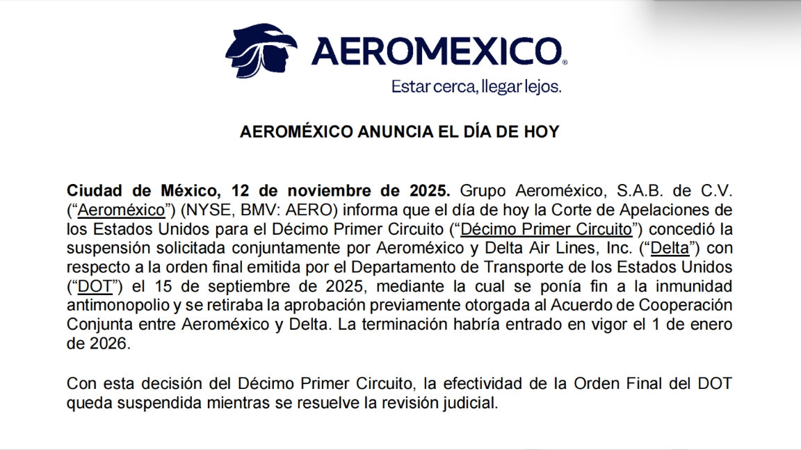 $!Delta Air Lines y Aeroméxico conservarán su acuerdo de colaboración luego de que un panel judicial estadounidense detuvo de forma temporal la orden que buscaba cancelar su alianza aérea, vigente desde 2016.