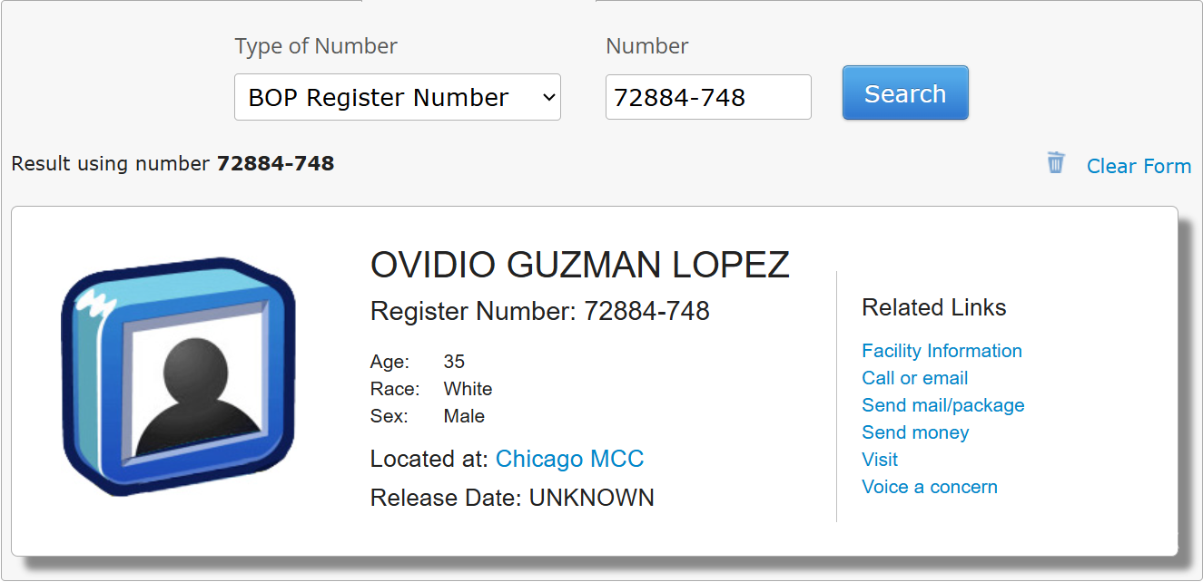 $!Ovidio Guzmán reaparece en el Buró Federal de Prisiones, antes de su audiencia del viernes