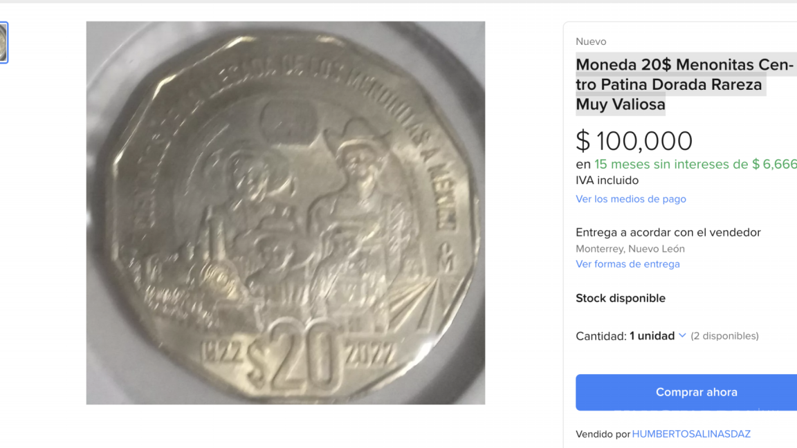 ¡Sorprendente! Moneda mexicana de $20 conmemora a los menonitas y alcanza un valor de hasta 100 mil pesos