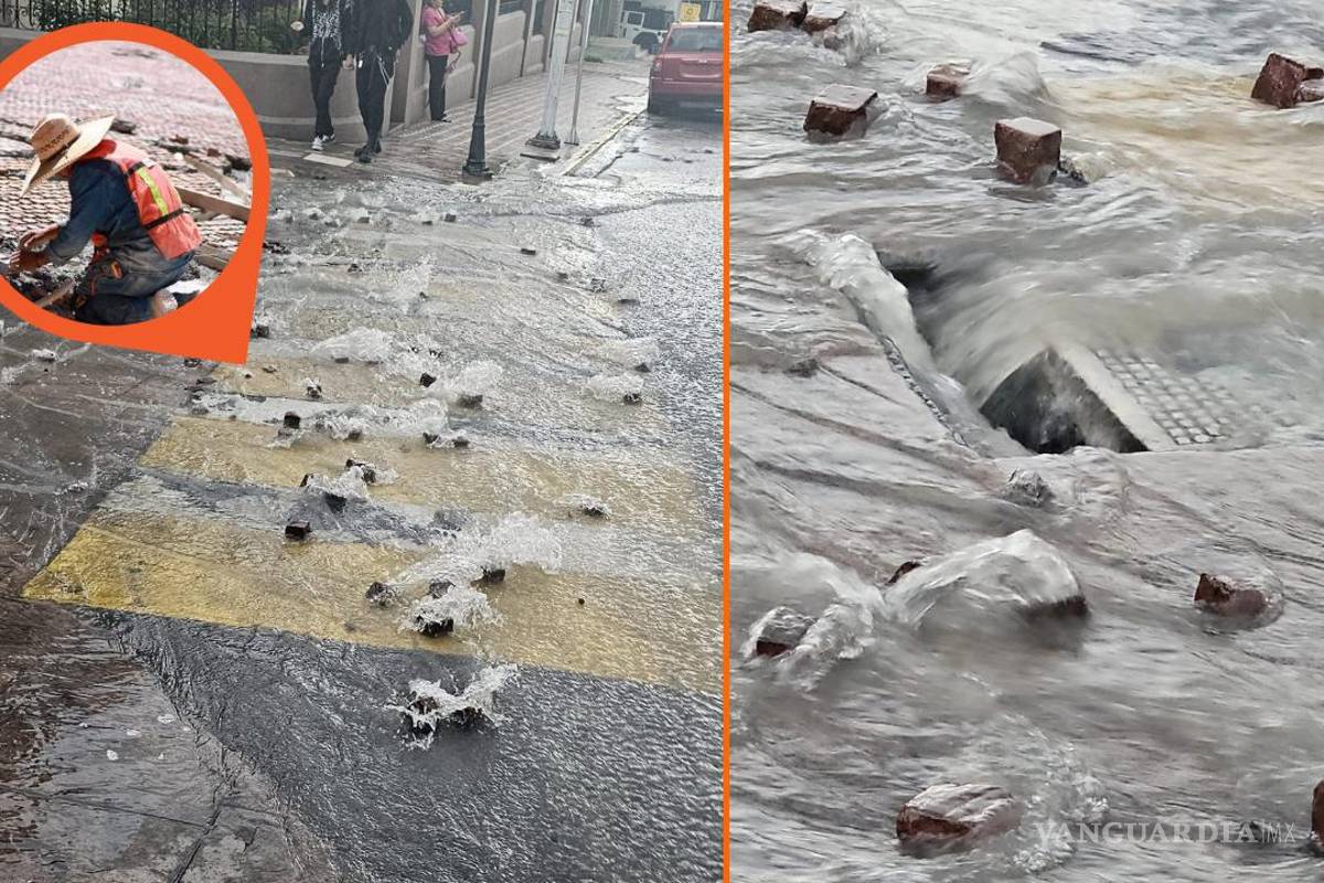 ‘Las piedras rodando se encuentran’: Lluvia desarma adoquines de Paseo Capital en Saltillo exhiben video en redes