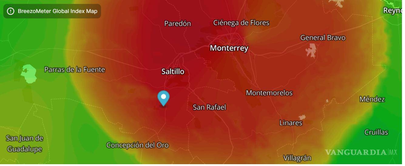$!El monitoreo de BreezoMeter muestra así la calidad del aire de Saltillo poco antes de las 20:00 horas de este sábado.