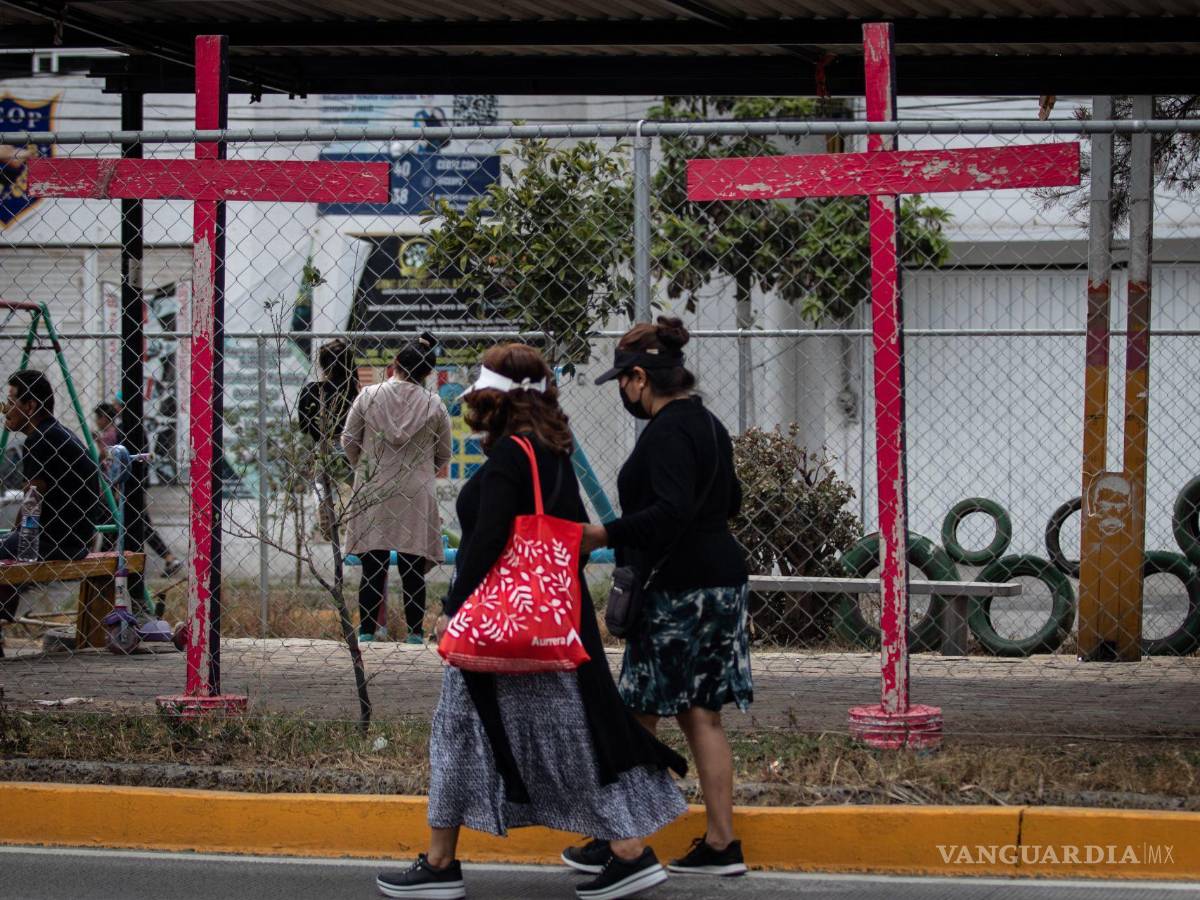 $!Colectivas feministas colocaron cruces rosas en el jardín de las llantas e para nombrar a las mujeres víctimas de feminicidio.Cuartoscuro/Andrea Murcia