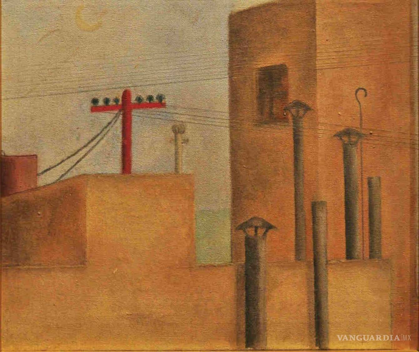 $!En Paisaje urbano (1925), Frida Kahlo retrató una ciudad de edificios austeros, chimeneas y cables tendidos bajo una luna diminuta. Lejos de los paisajes naturales, la arquitectura industrial y las redes de comunicación comenzaban a formar parte del imaginario artístico de la modernidad mexicana.