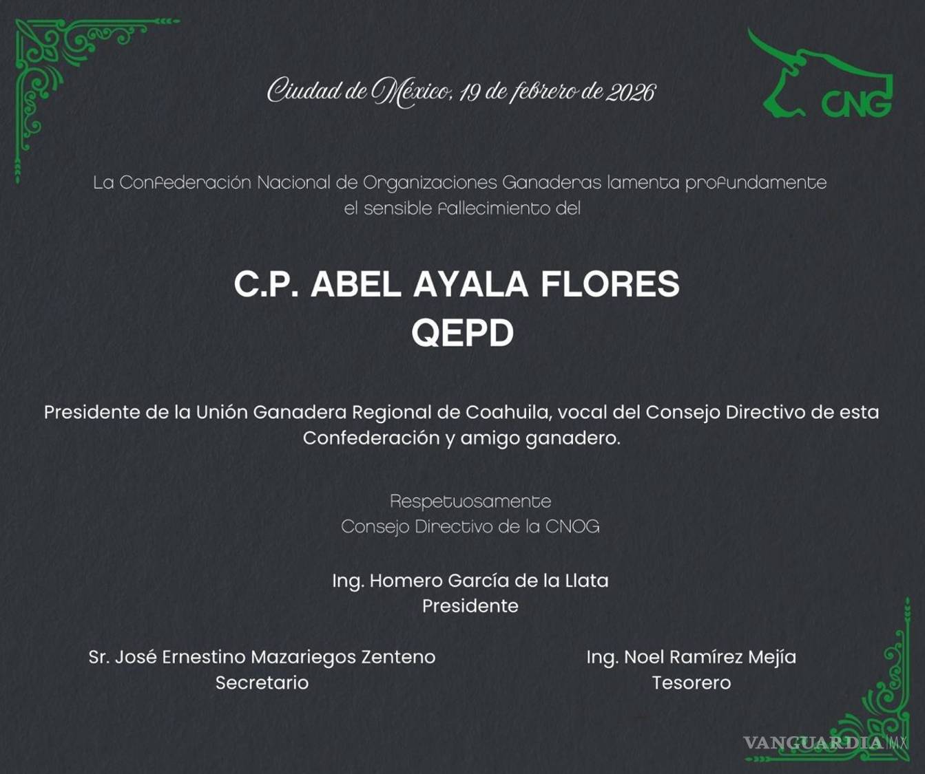 $!Abel Ayala Flores falleció en una clínica de Monterrey, donde recibía atención médica; su deceso fue confirmado por la Unión Ganadera Regional de Coahuila.