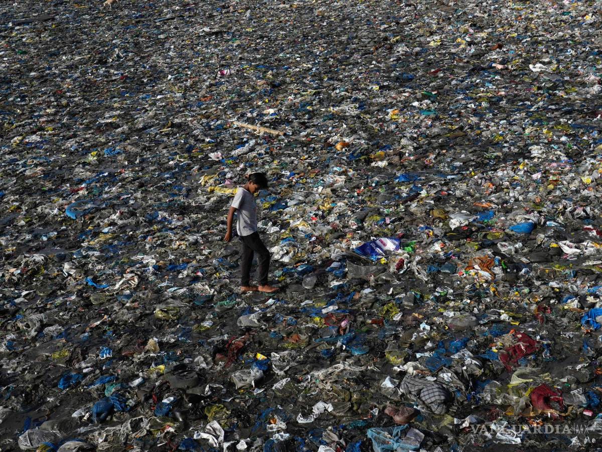 $!Un niño camina sobre los desechos plásticos en la playa de Badhwar Park, en la costa del Mar Arábigo, en el Día Mundial del Medio Ambiente en Mumbai, India.