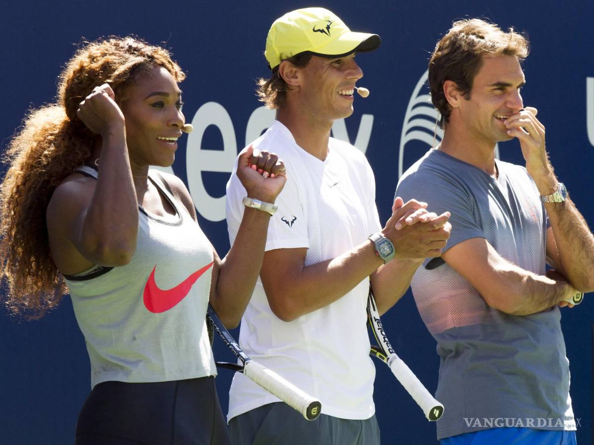 $!Serena Williams, Rafael Nadal y Roger Federer durante el Día de Niños del US Open, el 13 de agosto de 2013.