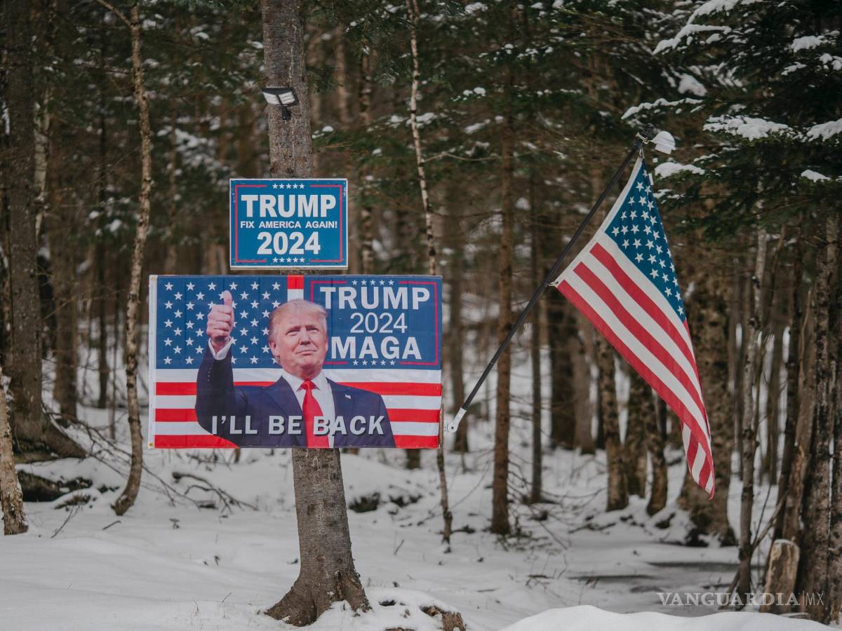 $!Un cartel del expresidente Donald Trump en el bosque cerca de Pittsburg. Pittsburg se encuentra a lo largo de la Ruta 3, que une New Hampshire y Canadá.