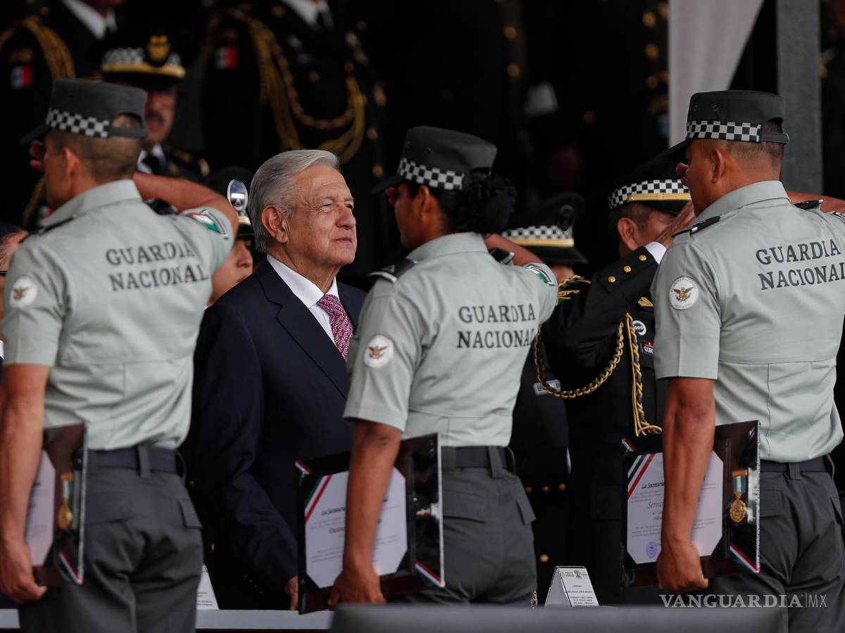 $!El presidente Andrés Manuel López Obrador durante la ceremonia por el cuarto aniversario de la Guardia Nacional en Campo Marte, en la Ciudad de México.
