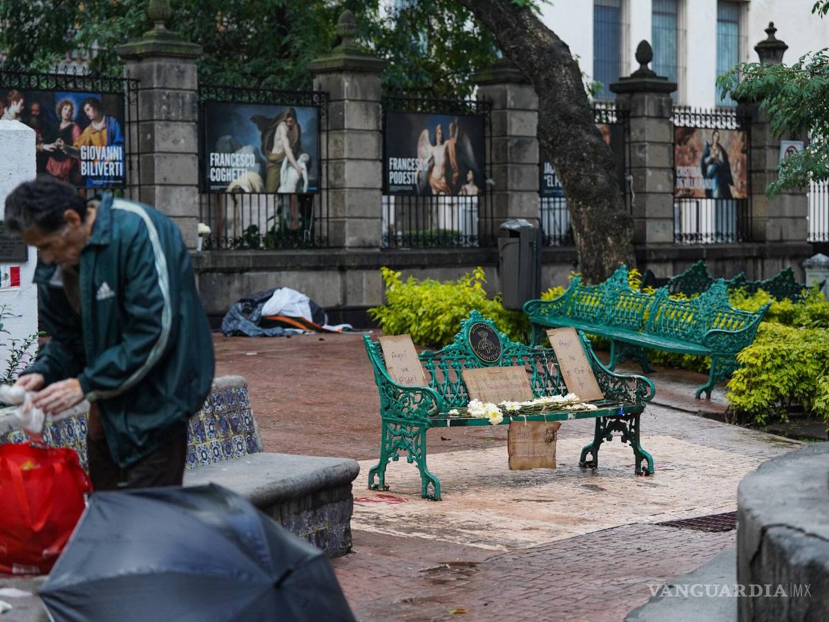 $!Imagen de la banca del Jardín Tabacalera tras la retirada de las estatuas de Fidel Castro y el Che Guevara.