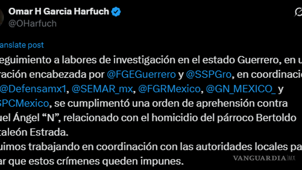 $!Detienen a Miguel Ángel, presunto asesino del padre Bertoldo Pantalón en Guerrero: Harfuch