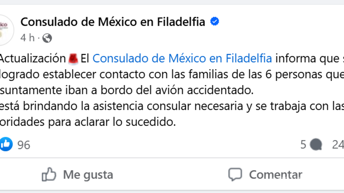 $!Consulado de México en Filadelfia contacta a familias de las víctimas del accidente de Learjet 55