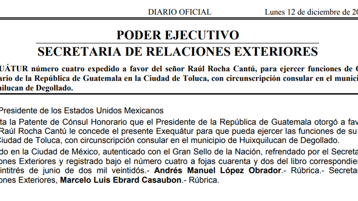 $!SRE cancela exequátur de Raúl Rocha Cantú como cónsul honorario de Guatemala en Toluca
