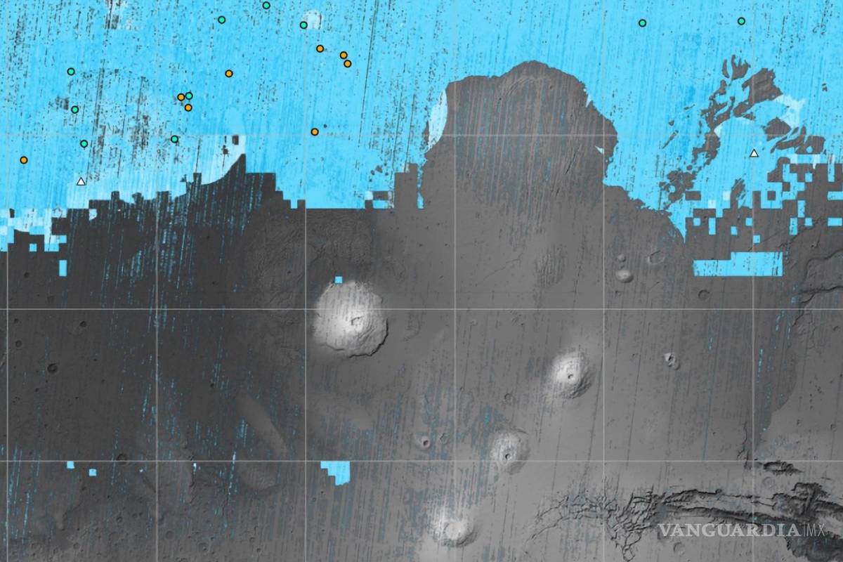 $!Un mapa de Marte, parte del el proyecto de Mapeo de Hielo de Agua Subsuperficial, que pretende ayudar a los primeros astronautas a aterrizar en el Planeta Rojo.