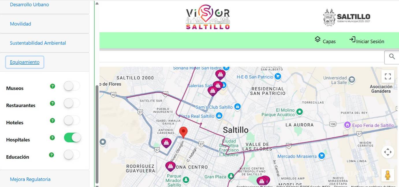 $!Así se ve la ubicación de hospitales en la ciudad, de acuerdo con Visor Saltillo.