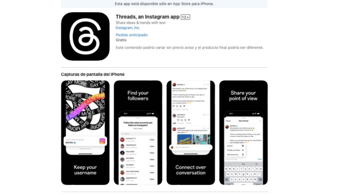 $!La nueva aplicación de Meta, Threads en la App Store para que los usuarios se inscriban y la descarguen el jueves, cuando saldrá a la venta.