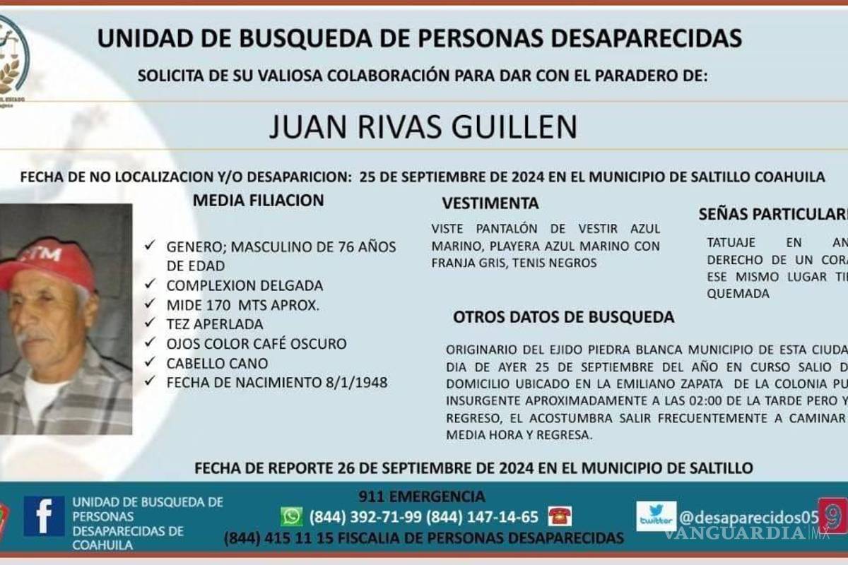 Siguen buscando a abuelito desaparecido en Saltillo hace tres meses; familia solicita apoyo en redes