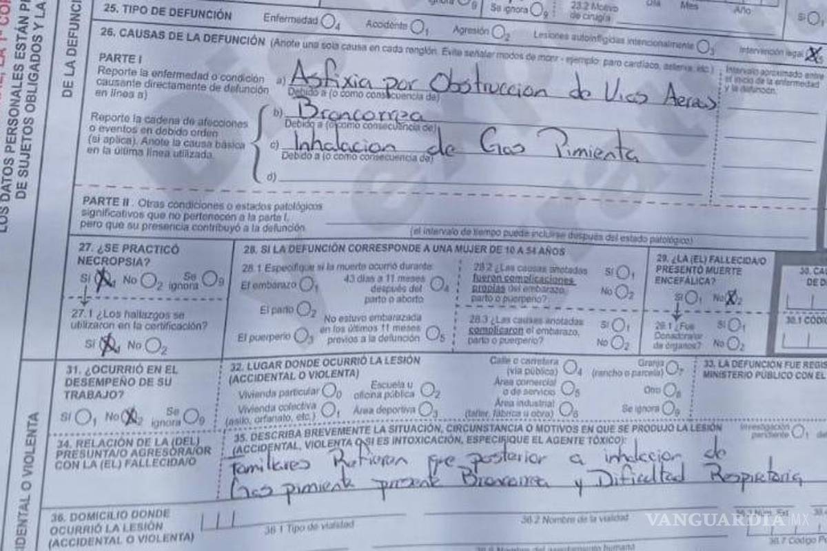 $!Imagen del certificado de defunción entregado a familiares.