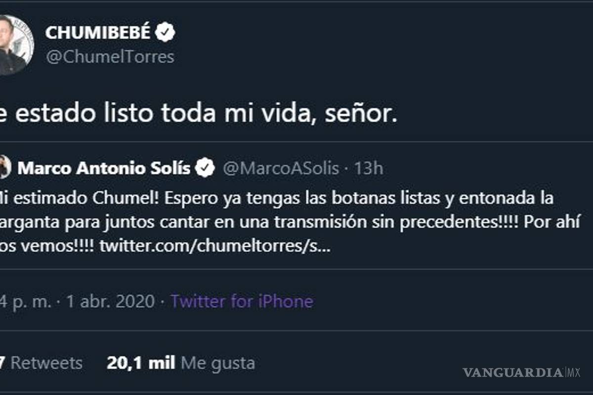 $!'Espero que ya tengas las botanas listas': Marco Antonio Solis responde a Chúmel Torres en Twitter y usuarios enloquecen