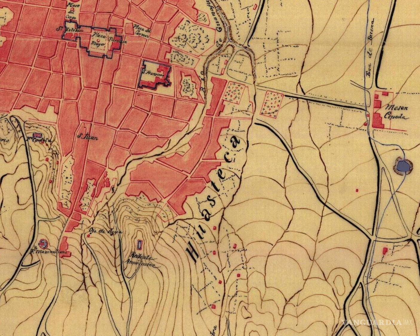 $!Plano de Saltillo y sus alrededores, hecho en 1864 por ejército francés, se muestra de manera clara el barrio y arroyo La Huasteca.