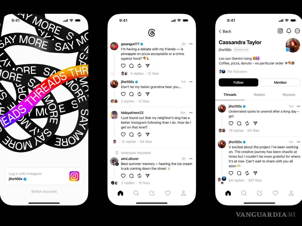 $!Composición de tres fotografías divulgadas por Meta de tres capturas de la entrada, portada y página personal de la cuenta de una persona en Threads.