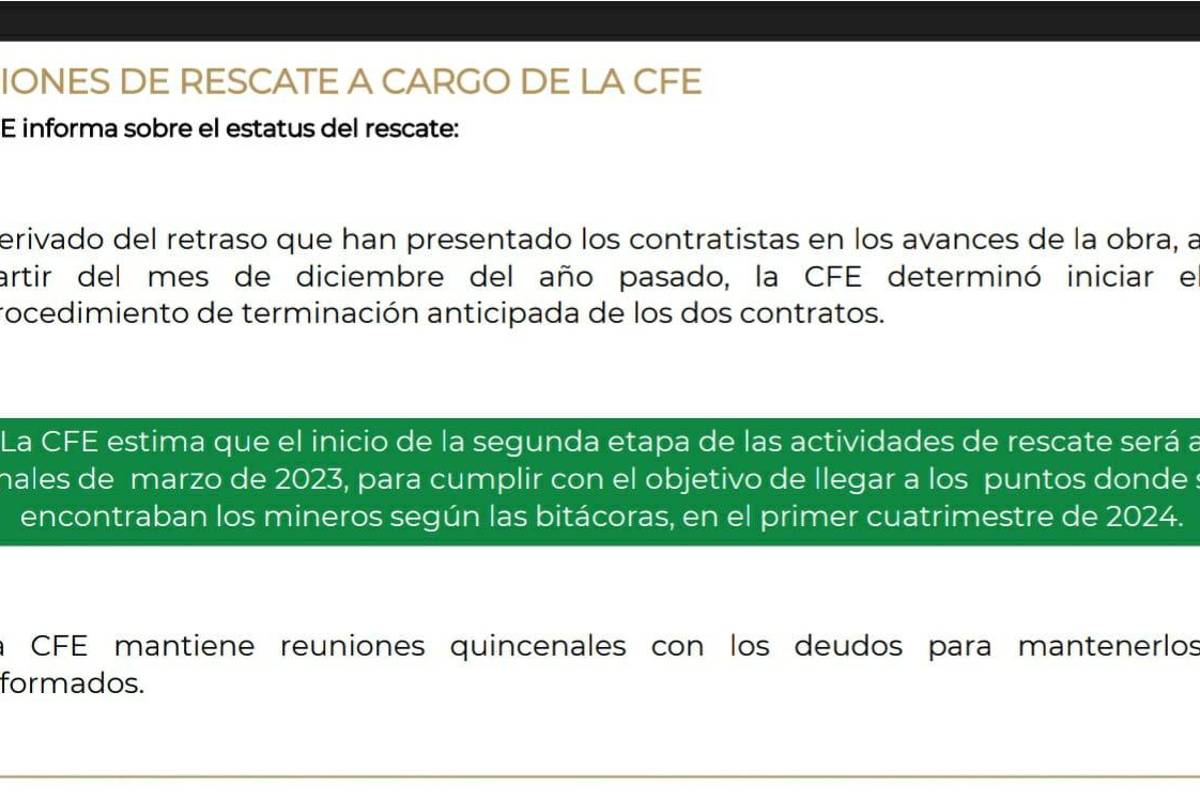 Rescate de cuerpos de mineros de Pasta de Conchos podría concretarse en 2024: CFE