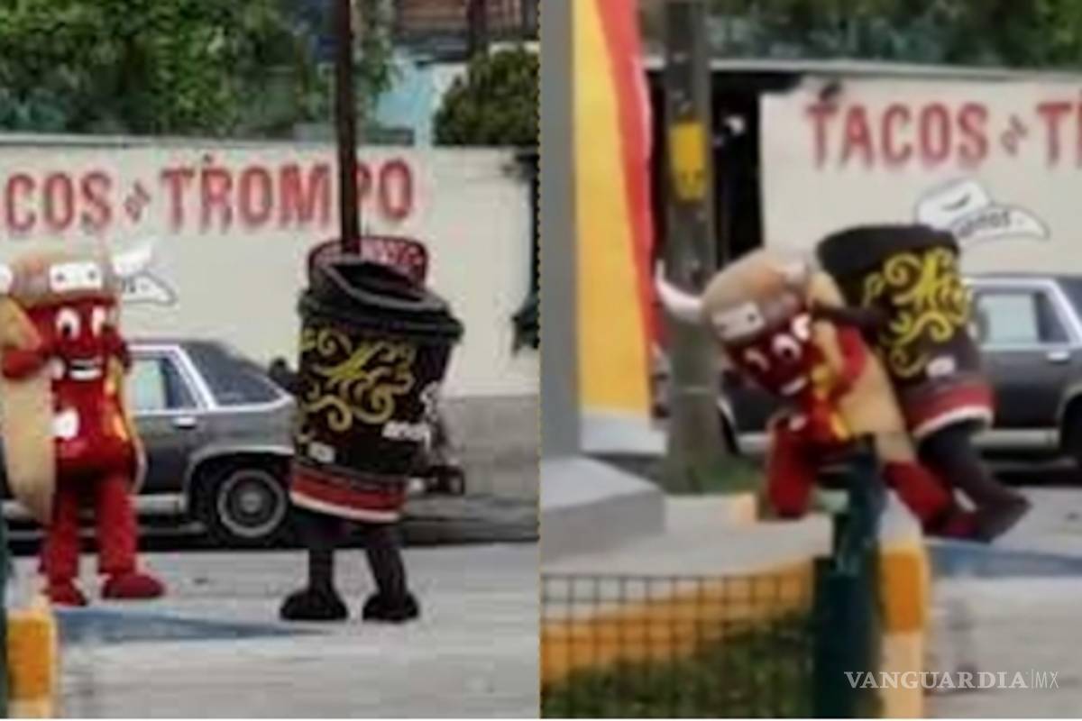 La batalla del siglo... botarga de hot dog noquea a la del café afuera de un Oxxo (Video)