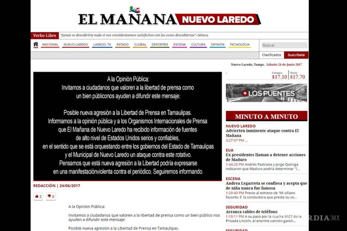 Teme ataque el diario El Mañana de Nuevo Laredo, por conflicto con alcalde