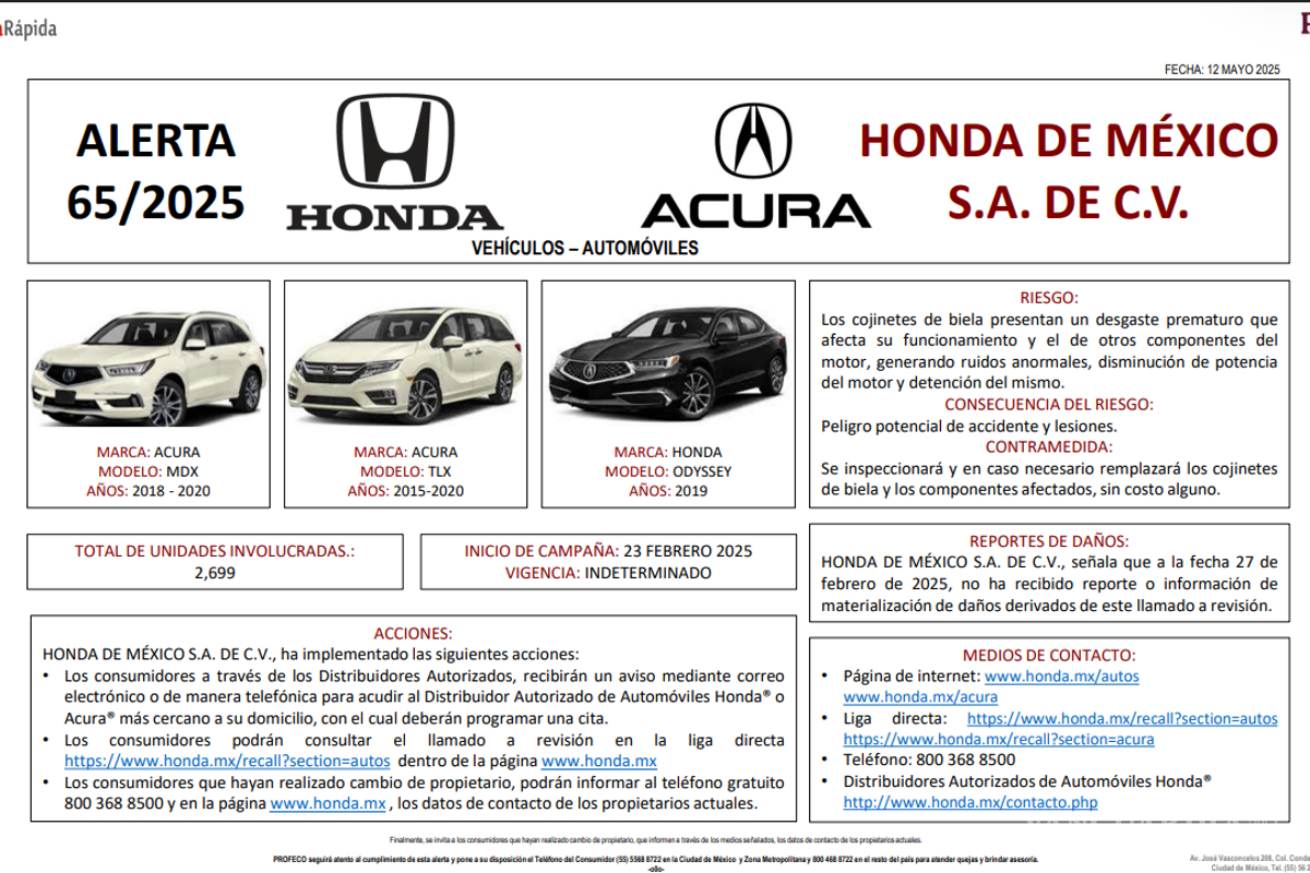 $!Profeco y Honda llaman a revisión a más de 2,500 autos en México por falla en asientos que comprometen el motor