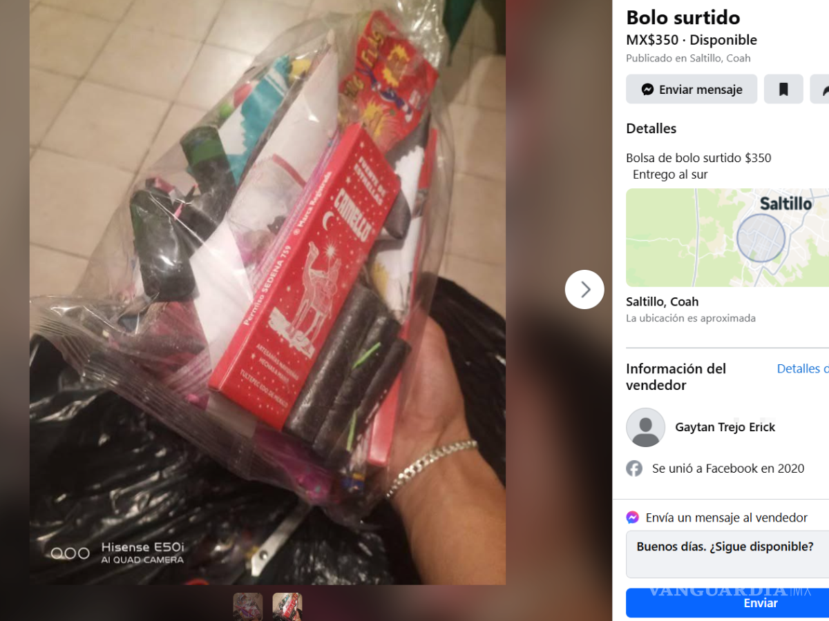 $!Captura de pantalla de una oferta de pirotecnia en redes sociales, camuflada para eludir la detección.