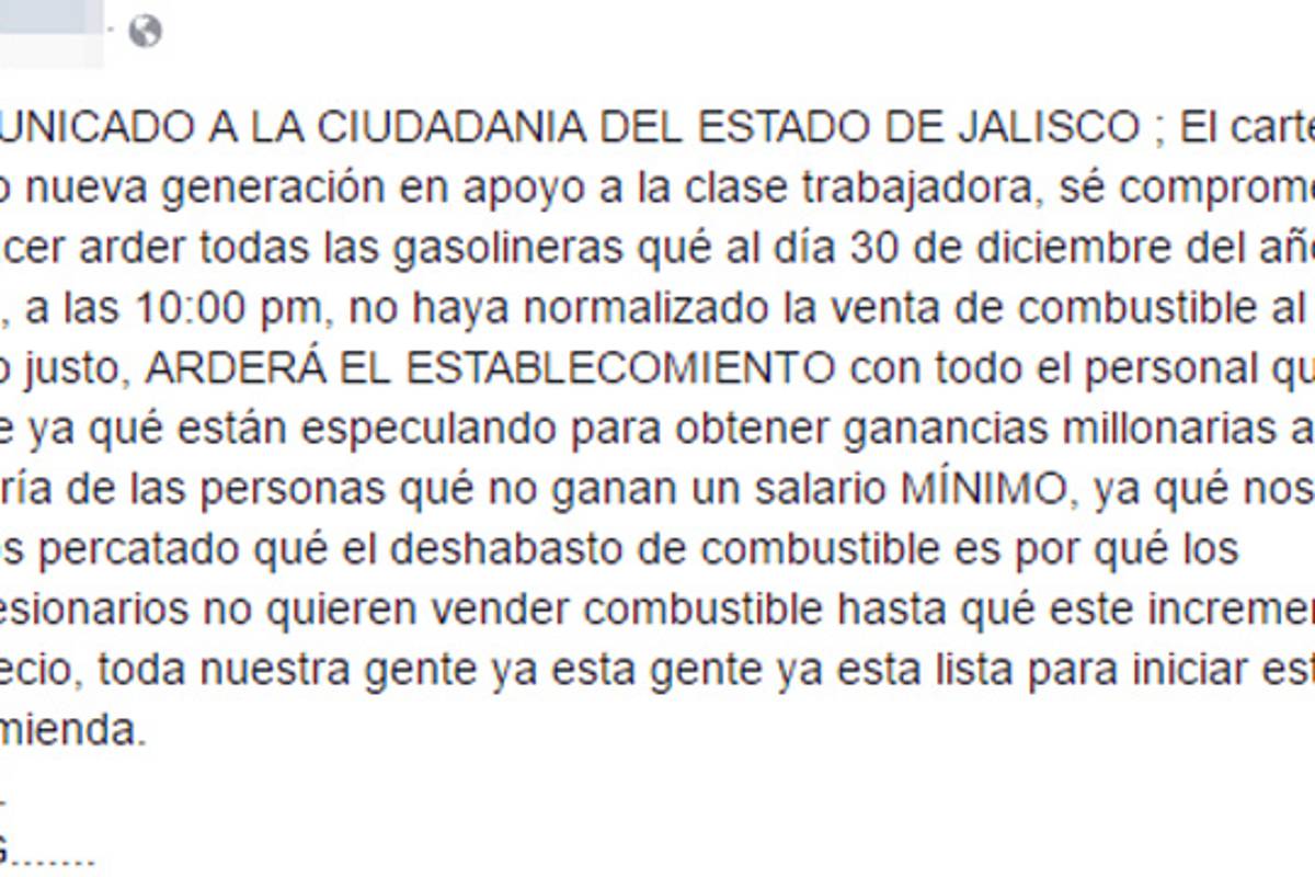 $!Fiscalía investiga supuesta amenaza de ataques a gasolineras por el Cártel Jalisco