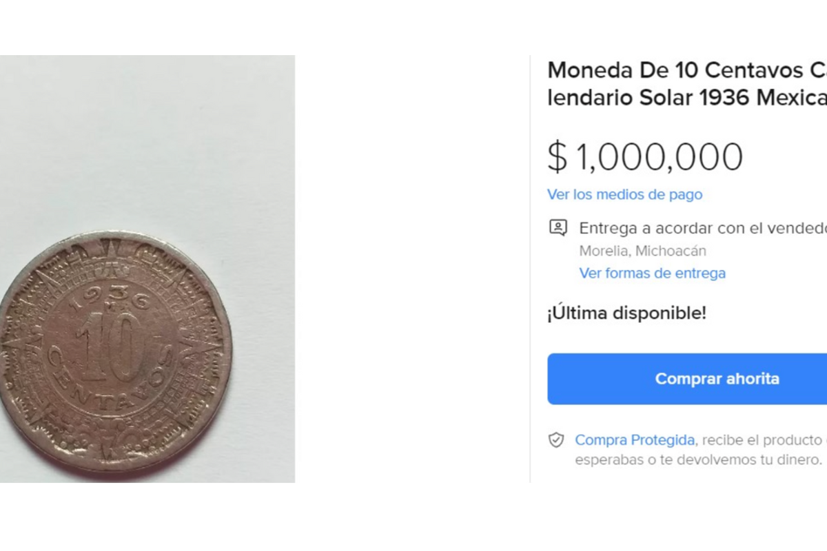 $!Moneda de 10 centavos acuñada en 1942, que ha generado revuelo al ser ofrecida en una plataforma de compra y venta por un millón de pesos.