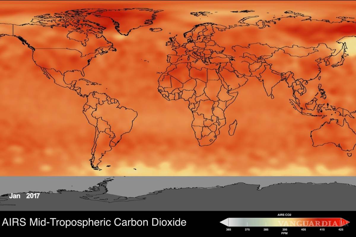 $!Distribución global y variación de la concentración de dióxido de carbono de la troposfera media observada por la sonda infrarroja atmosférica AIRS en enero de 2017. EFE/NASA