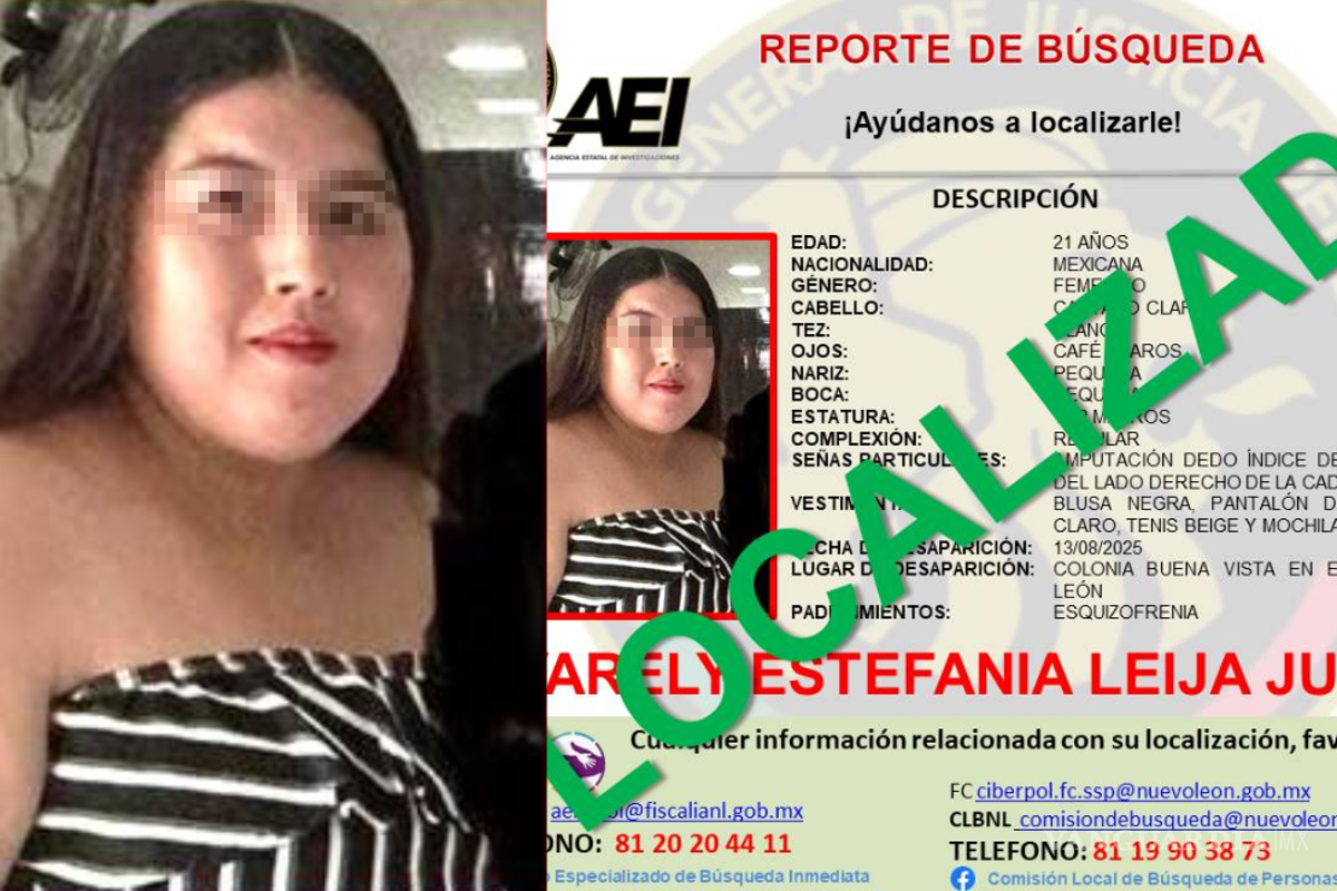 Localizan a joven desaparecida que padece esquizofrenia, en Nuevo León