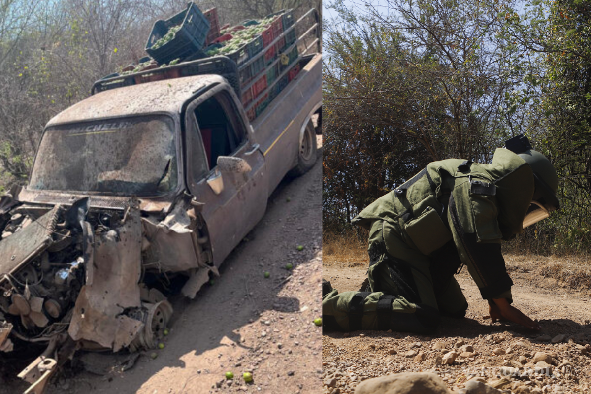 “Narco mina” explota camión limonero en Apatzingán, Michoacán