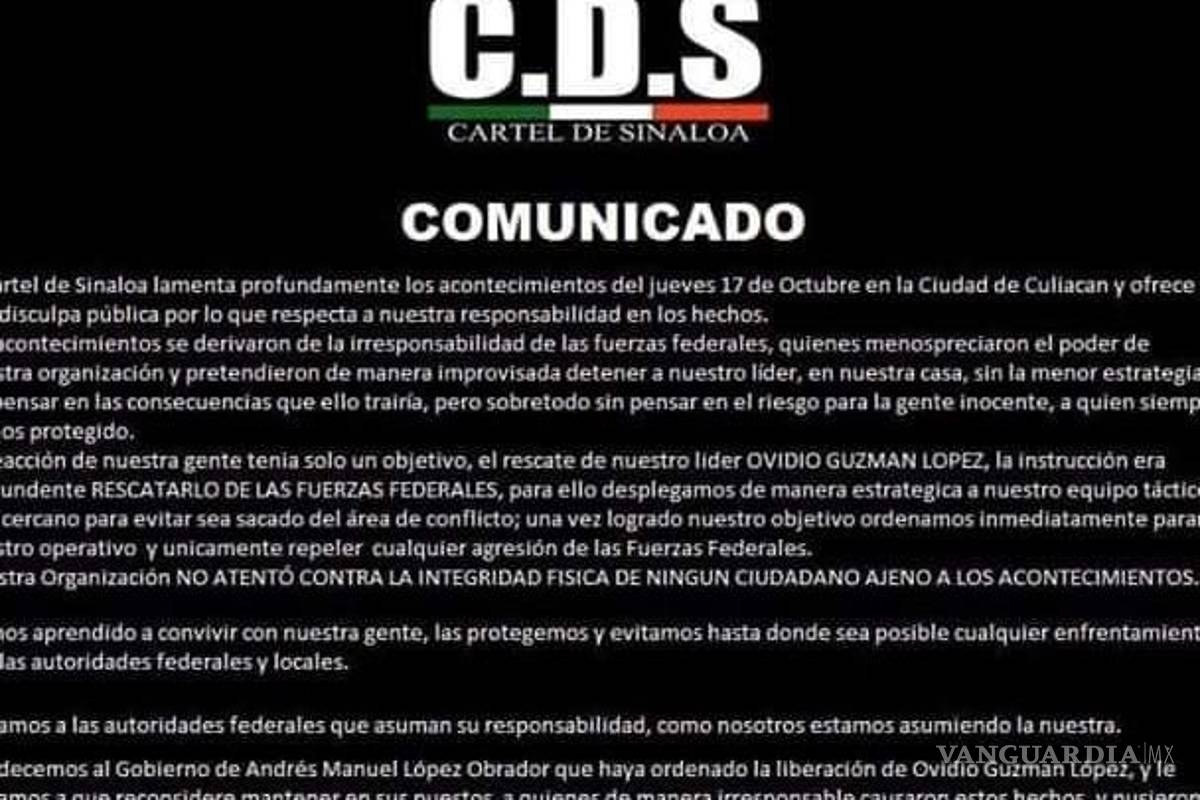 $!'Agradecemos a AMLO por liberación de Ovidio'... Cártel de Sinaloa ofrece disculpas al pueblo de Culiacán por balaceras