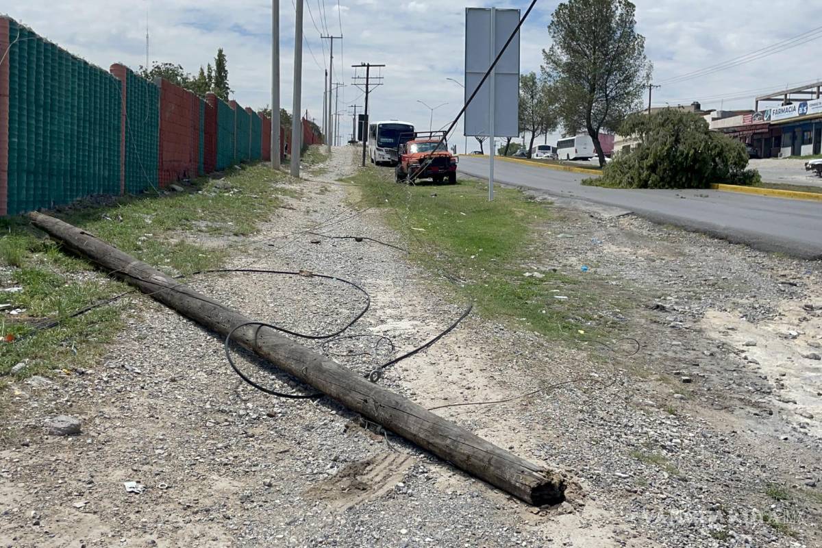Se queda sin frenos Ruta 17 de Saltillo y a su paso derriba un árbol, un poste y una barda