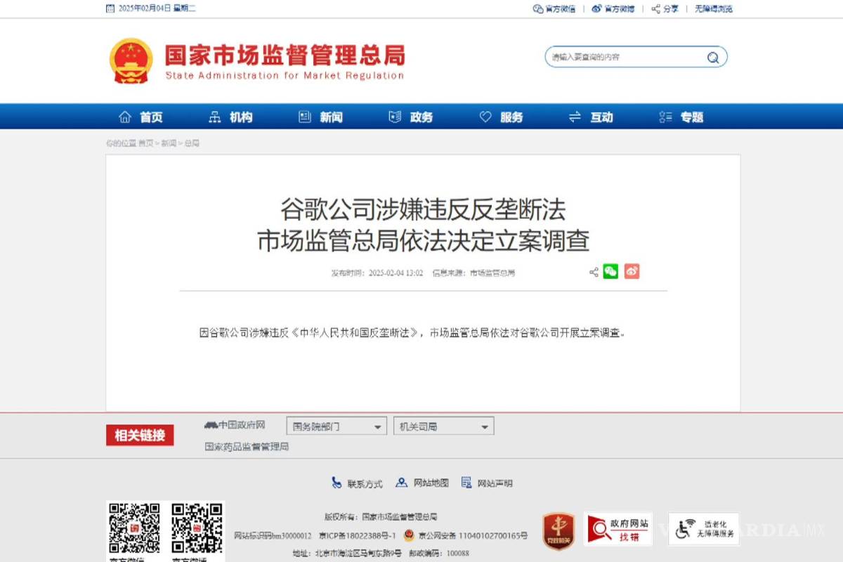 $!La Administración Estatal de Regulación del Mercado de China anunció que inició una investigación formal contra Google.