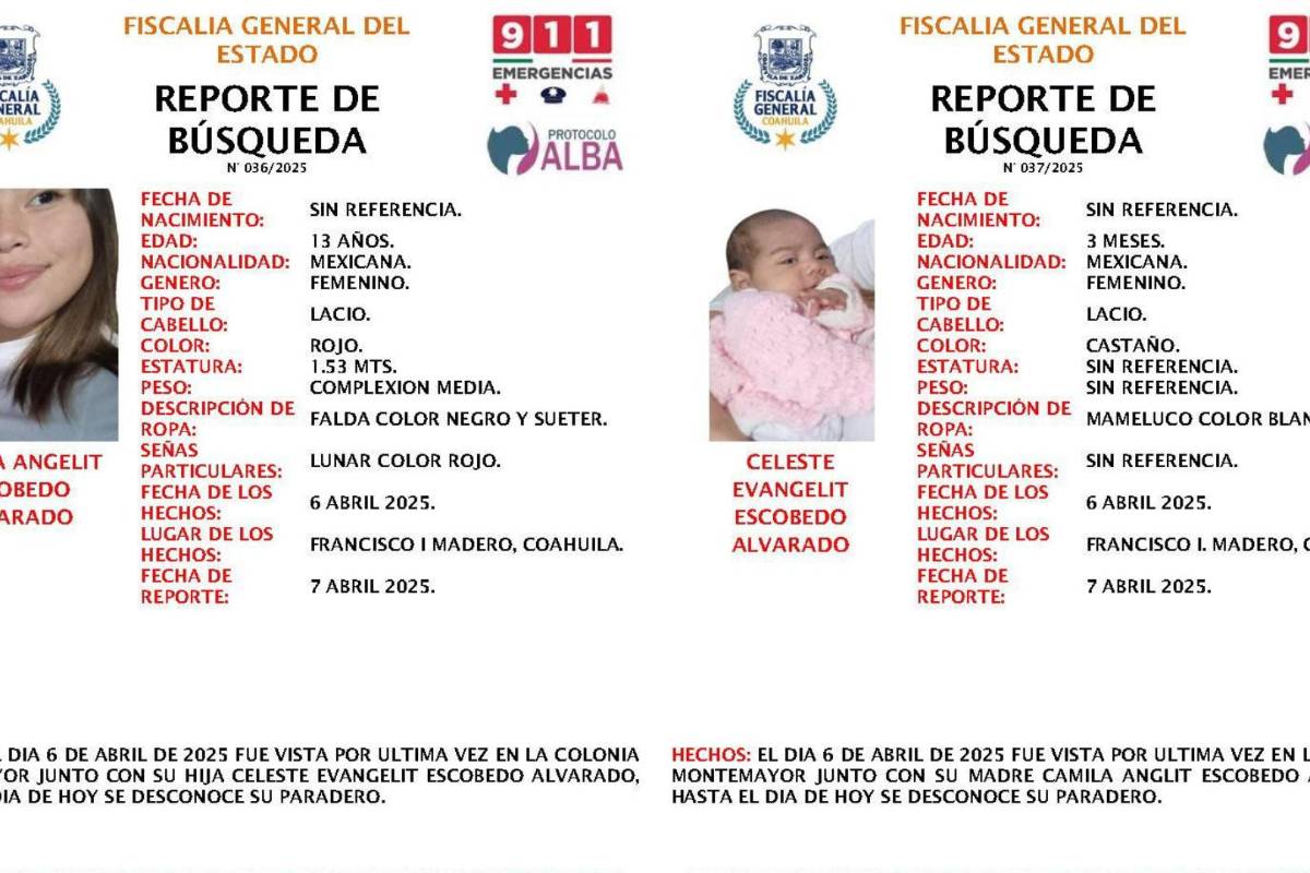 Buscan a madre adolescente de 13 años y su bebé de 3 meses en Coahuila; llevan 6 días desaparecidas