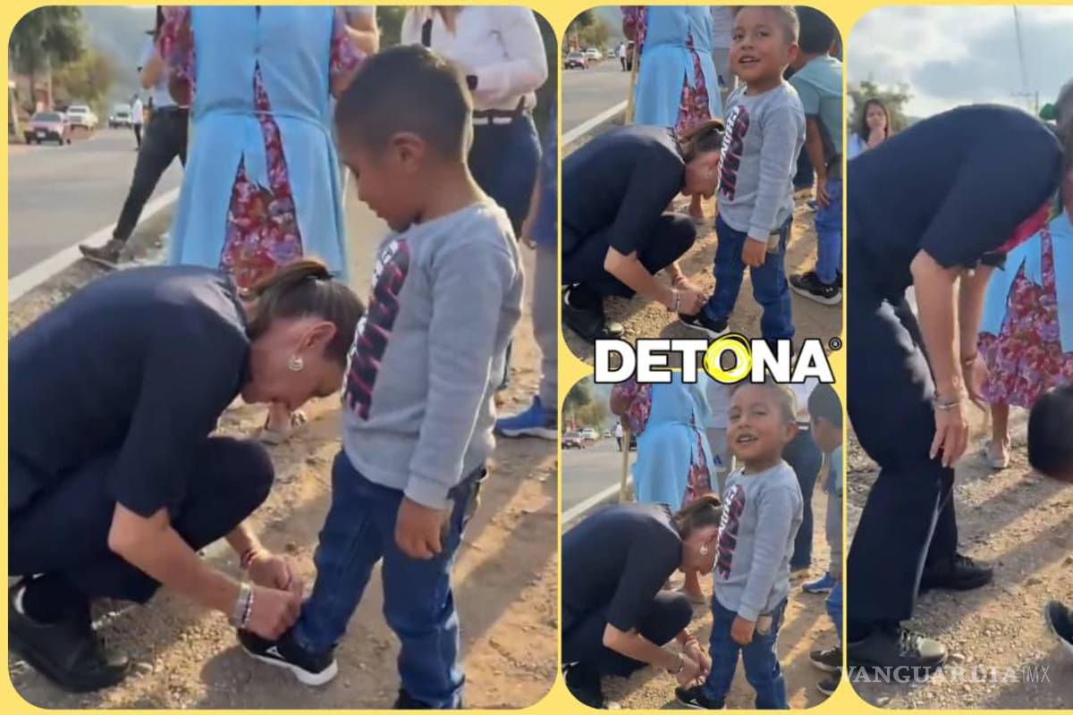 $!Sheinbaum abrochó las agujetas a un niño de Oaxaca, el 22 de marzo de 2025. El área de prensa revivió ayer ese momento.
