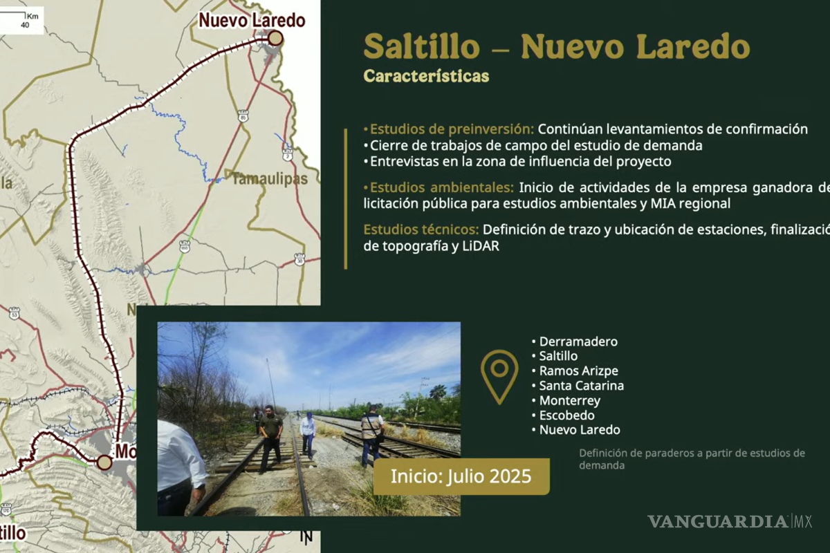 Avanza el proyecto del tren de pasajeros Saltillo - Nuevo Laredo; presentan paraderos preliminares