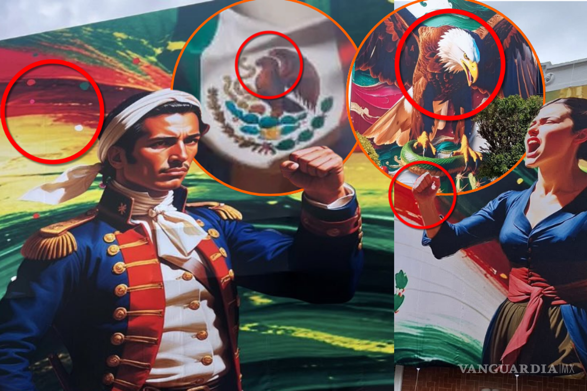 Colocan murales patrios en Tlaxcala hechos con IA; exhiben manos con 6 dedos y escudo con águila sin cabeza