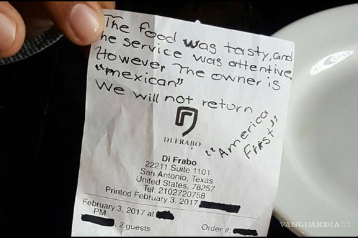 'El dueño es mexicano, no volveremos': dejan nota racista en restaurante de Texas